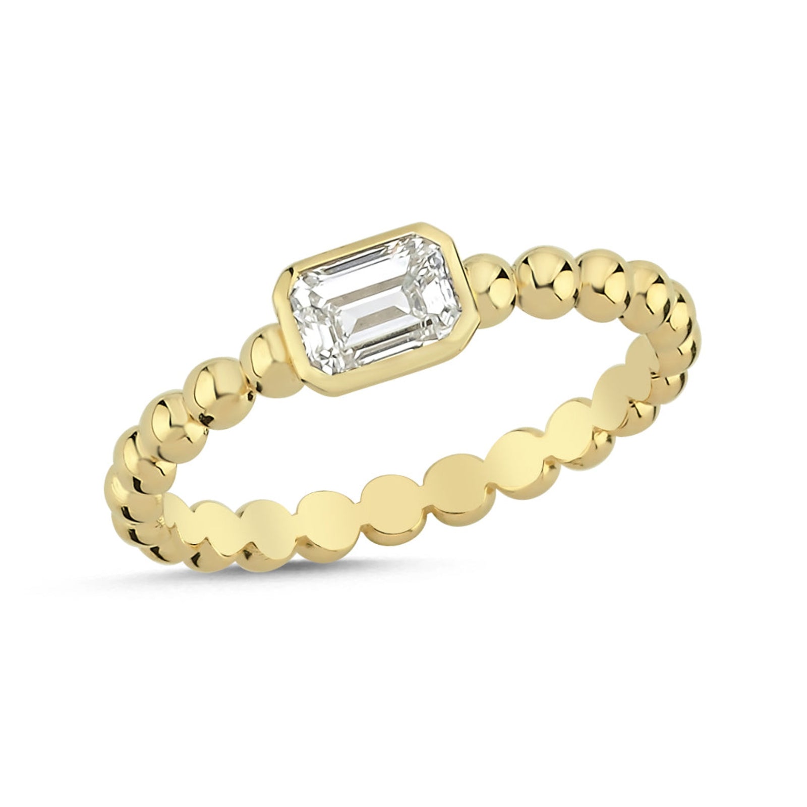 Gotas Ring 14K Yellow Gold Lab Grown Emerald Cut Diamond and Gold Beaded Band