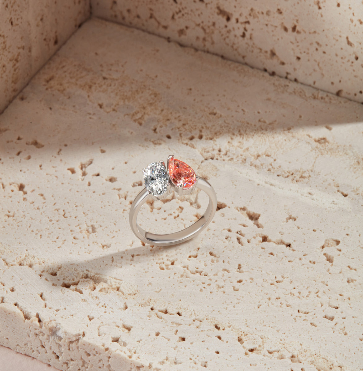 Aizza Oval & Pear Pink and White Diamond Toi Moi Ring