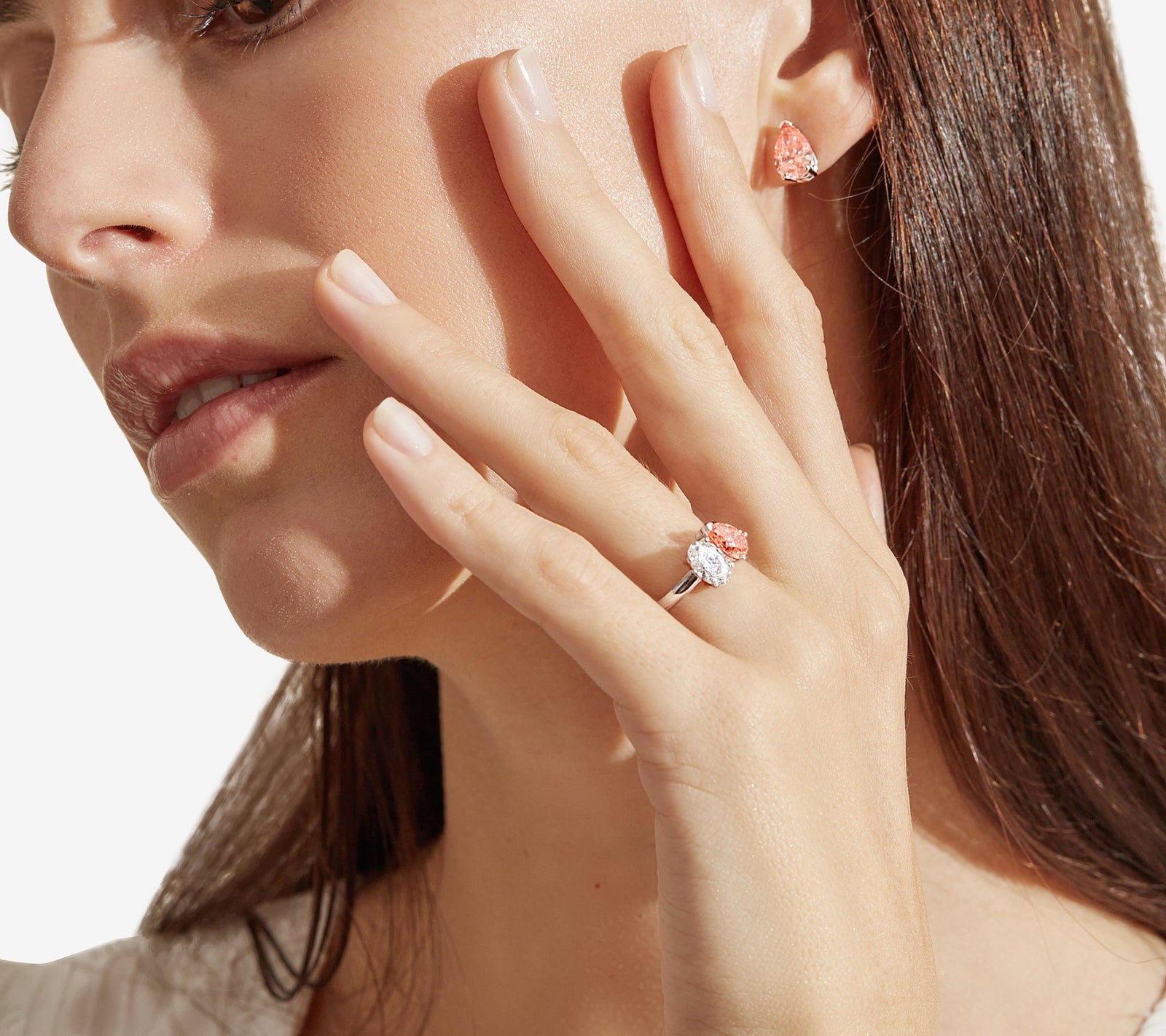 Aizza Oval & Pear Pink and White Diamond Toi Moi Ring